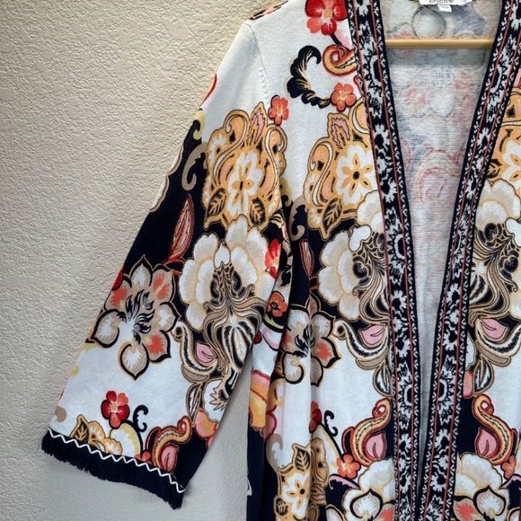 Chicos 2 Linen Blend Floral Fringe Long Cardigan Women's US L Lagenlook Boho - Picture 8 of 16